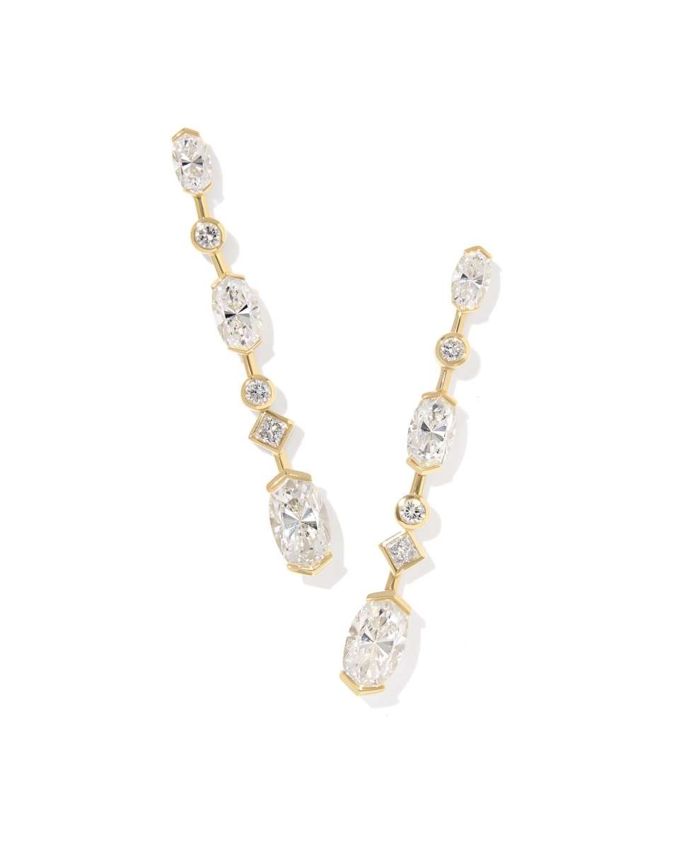 7.61 Ct Lab Grown White Diamond Custom Elisa Linear 14k Yellow Gold Earrings