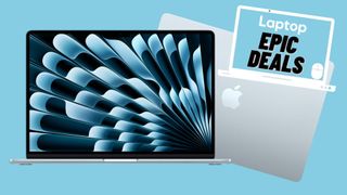 M4 MacBook Air against a blue background with epic deals badge.