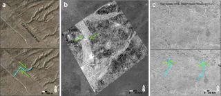 Three images show strike-slip faults at the San Andreas Fault (a) on Ganymede (b) and on Titan