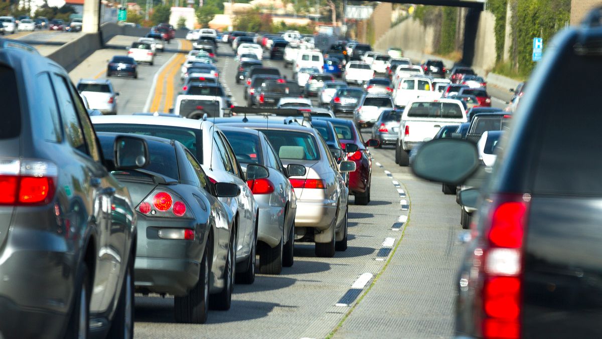 Cars on the freeway in a traffic jam