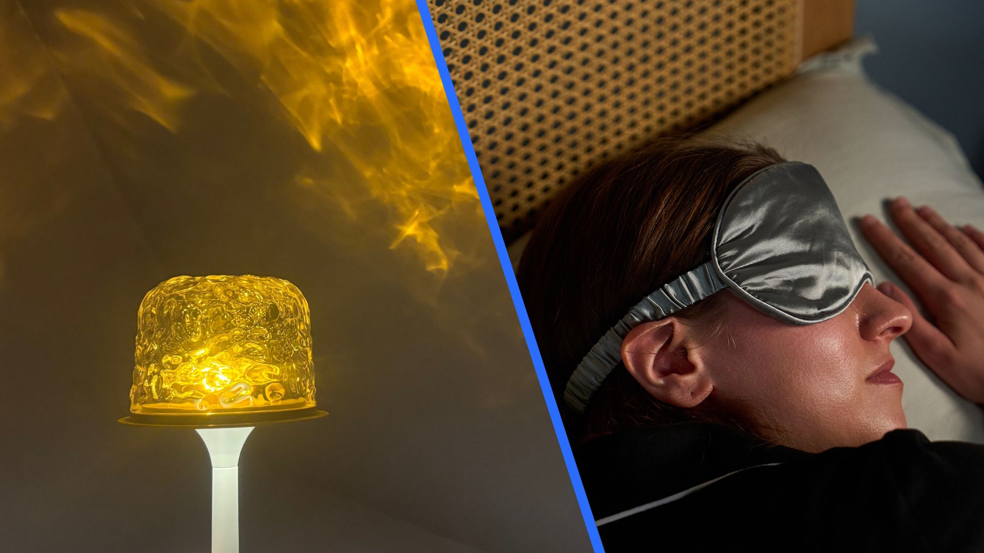 A split screen consisting of an image of the Auria Glow Lamp for dark showering and an image of a brunette woman sleeping with a silver eye mask. 