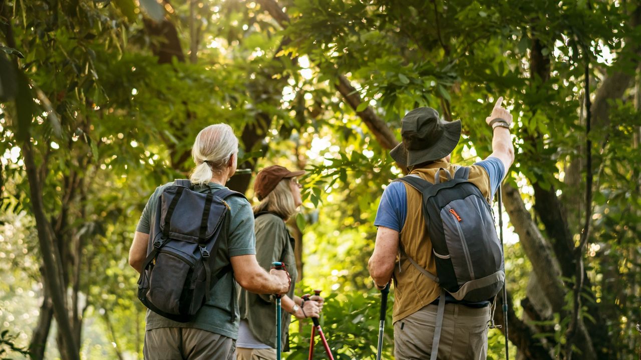 Three people in forest.