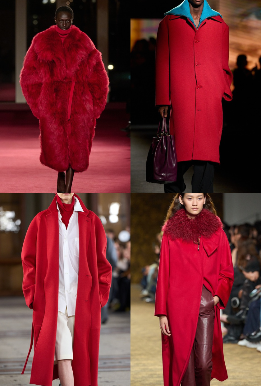 Four images of models on the autumn/winter 2026 runways wearing apple red coats, including tailored coats, fur coats, and fur collars all in red