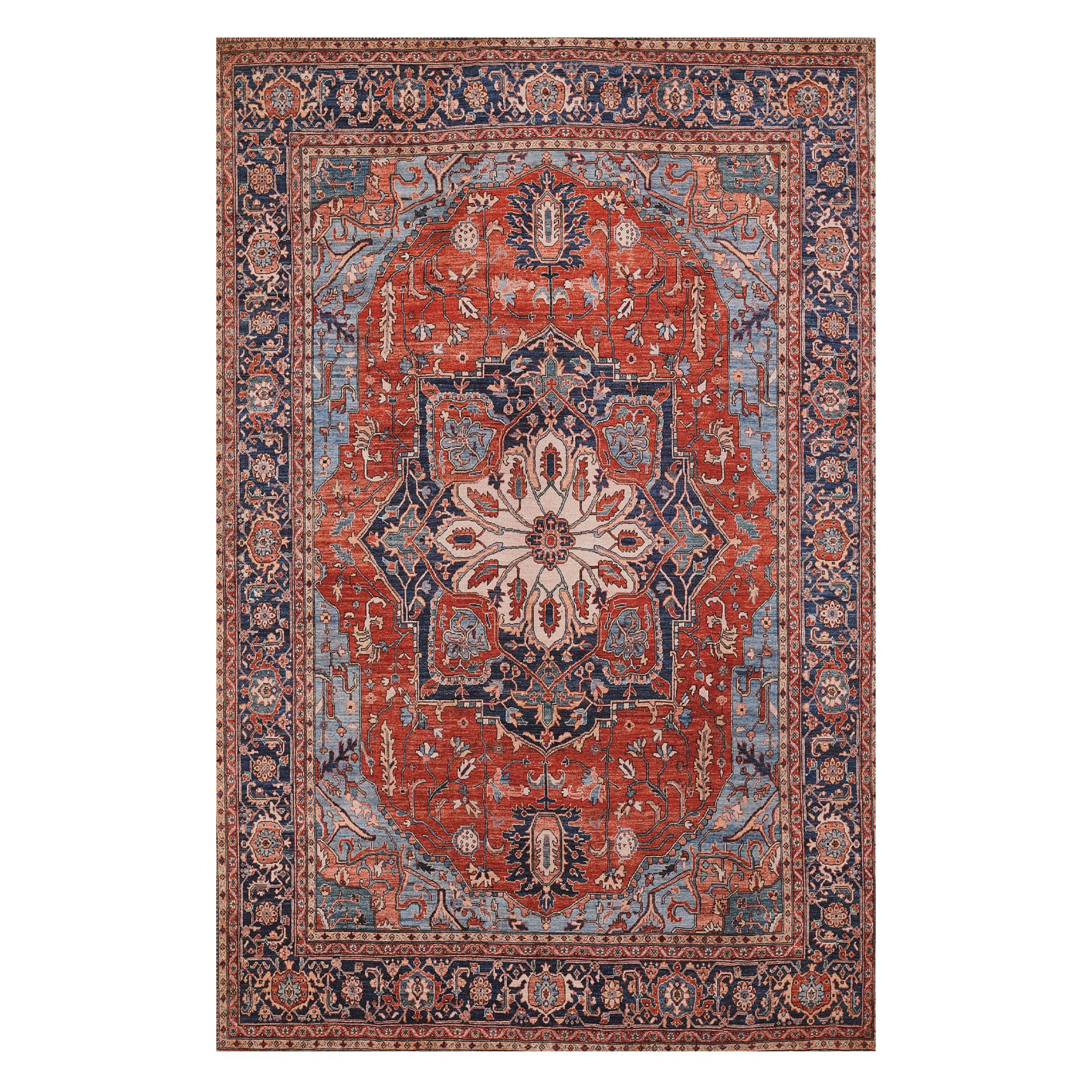 a Persian-inspired rug with a traditional red and blue color palette