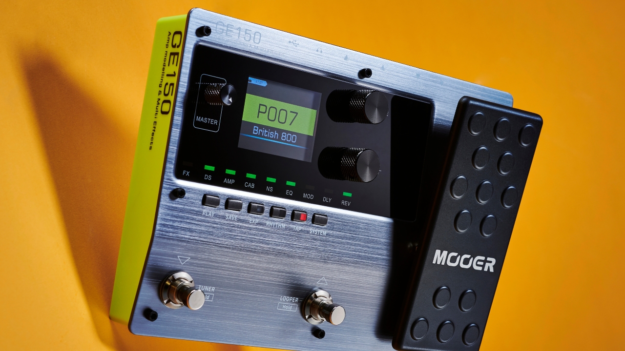 A Mooer GE150 amp modeller on a yellow background