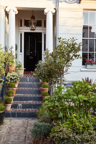 steps up to black front door with pots