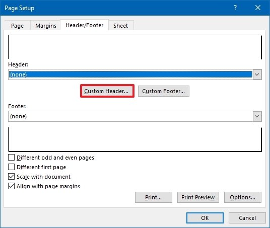 Page Setup custom header option