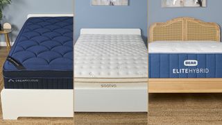 A coolage of luxury mattress in the Tom's Guide sleep studio. From left: the DreamCloud Ultra Hybrid, The Saatva Classic and the Bear Elite Hybrid
