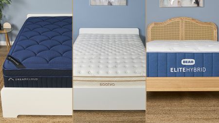 A coolage of luxury mattress in the Tom's Guide sleep studio. From left: the DreamCloud Ultra Hybrid, The Saatva Classic and the Bear Elite Hybrid
