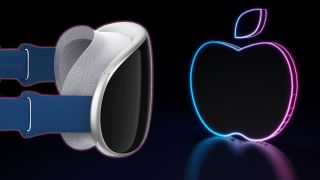 A render of the Apple VR headset next to a neon Apple logo