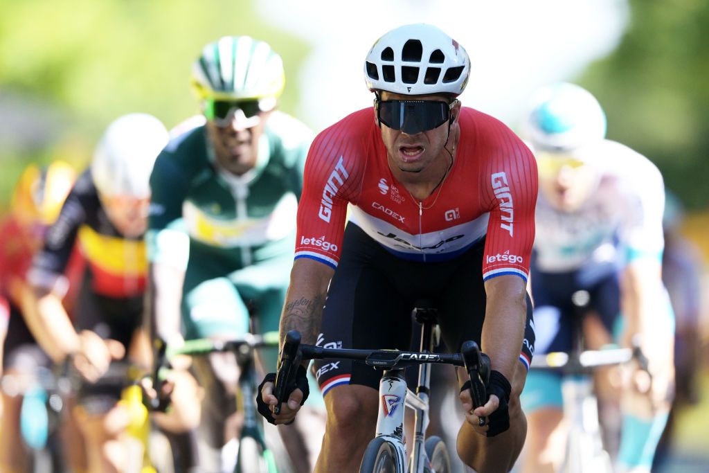 DIJON FRANCE JULY 04 Dylan Groenewegen of Netherlands and Team Jayco AlUla crosses the finish line as stage winner during the 111th Tour de France 2024 Stage 6 a 1635km stage from Macon to Dijon UCIWT on July 04 2024 in Dijon France Photo by Tim de WaeleGetty Images