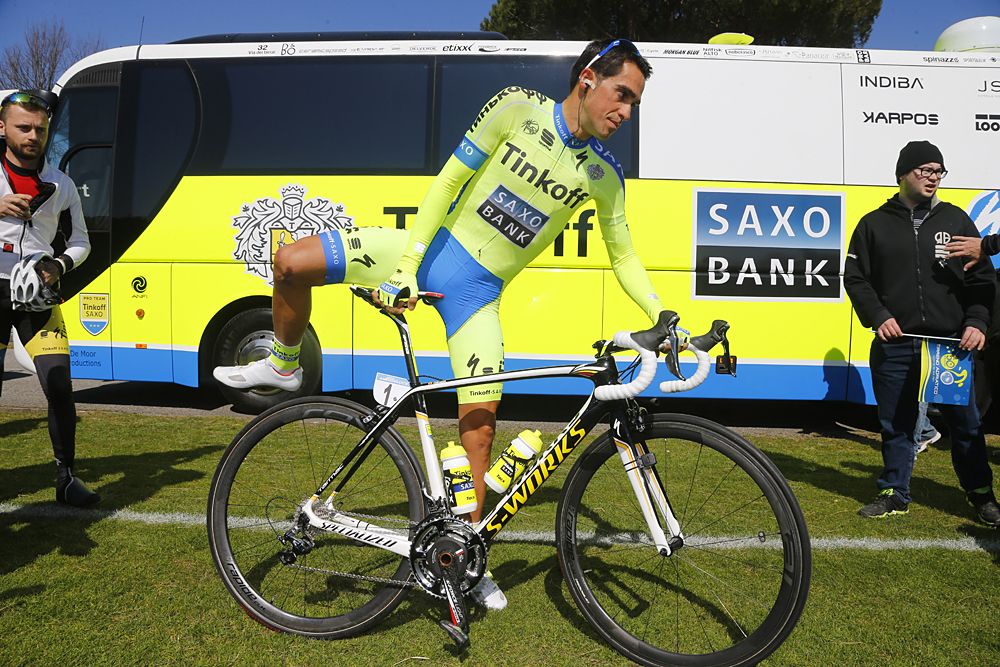 Alberto Contador (Tinkoff-Saxo) gets ready to roll to the stage 2 start line