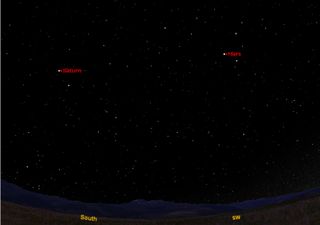 This sky map shows the southern location of Saturn on April 15, 2012 at 12 a.m. local time as the planet reaches opposition, the point in its orbit opposite the sun, to observers in mid-northern latitudes. Mars is also visible in the southwest.
