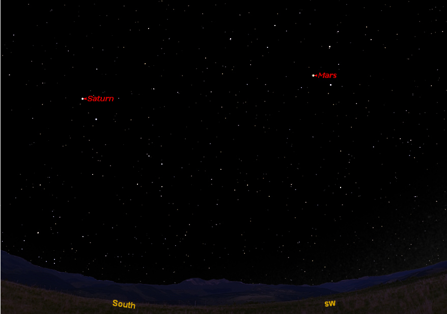 This sky map shows the southern location of Saturn on April 15, 2012 at 12 a.m. local time as the planet reaches opposition, the point in its orbit opposite the sun, to observers in mid-northern latitudes. Mars is also visible in the southwest.