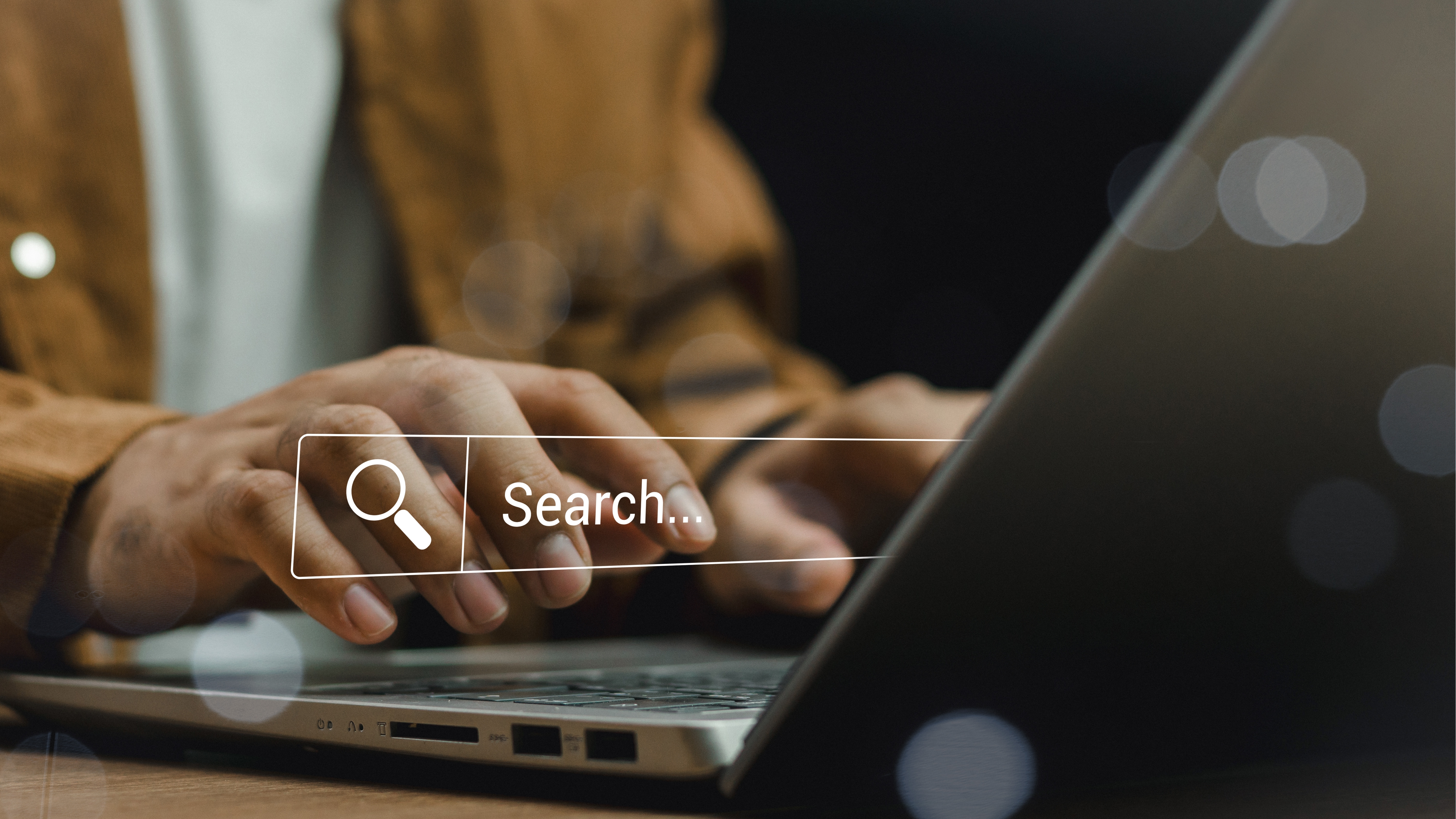 Data Search Technology Search Engine Optimization. man's hands are using laptop to Searching for information. Marketing ranking traffic website, SEO search engine optimization concept.