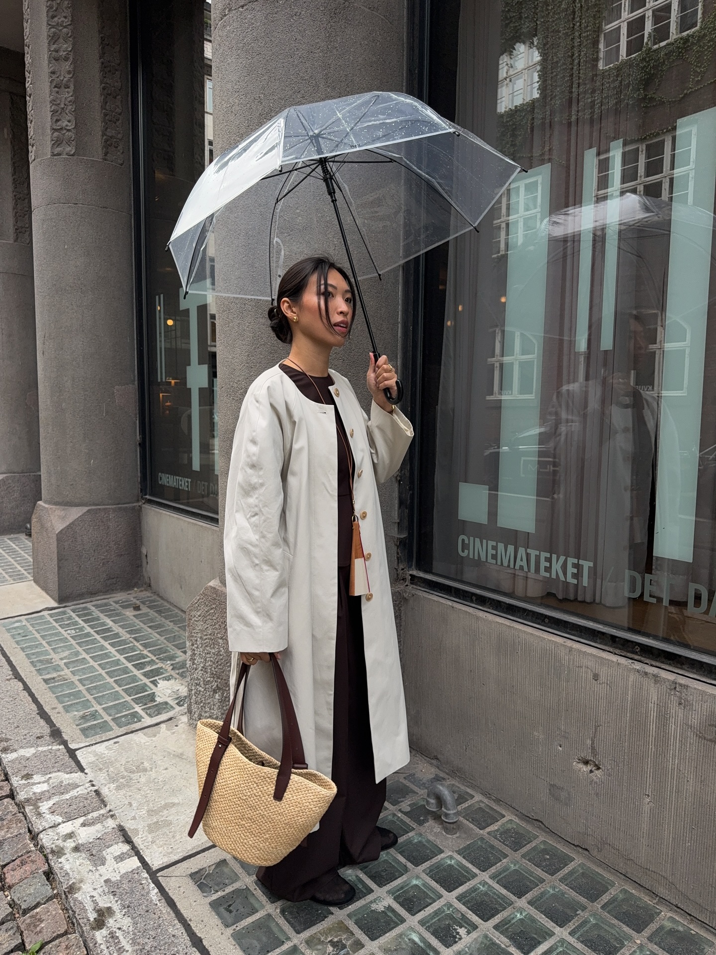 An image of an influencer with a clear umbrella, long grey trench coat and a basket bag.