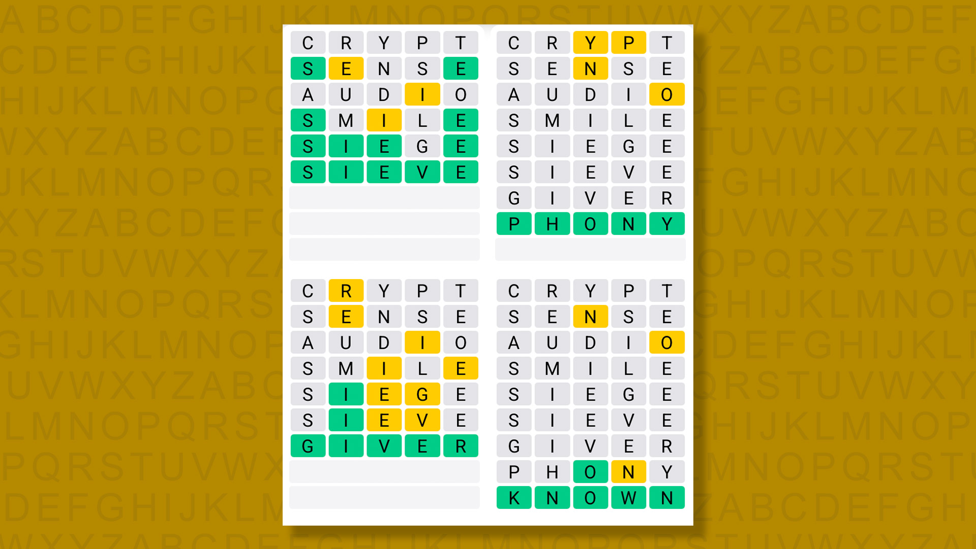 Quordle answers for game 1594 on a yellow background