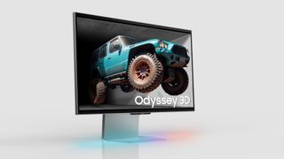 The Samsung Odyssey 3D displaying a teal-colored vehicle launching out of the screen for dramatic effect.