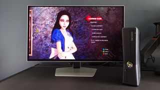 Samsung Odyssey OLED G6 connected to Xbox 360 using mClassic upscaler with Alice: Madness returns on screen