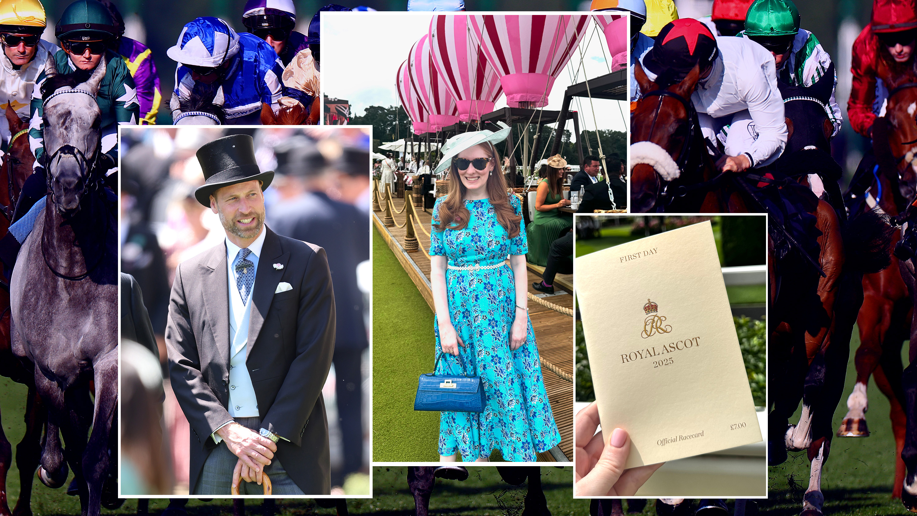 A collage featuring horse racing, Prince William in a top hat and suit, Kristin Contino posing in a blue dress with hot air balloons and a Royal Ascot program