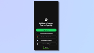 Screenshot of the Spotify app with a box highlighting Log in. 