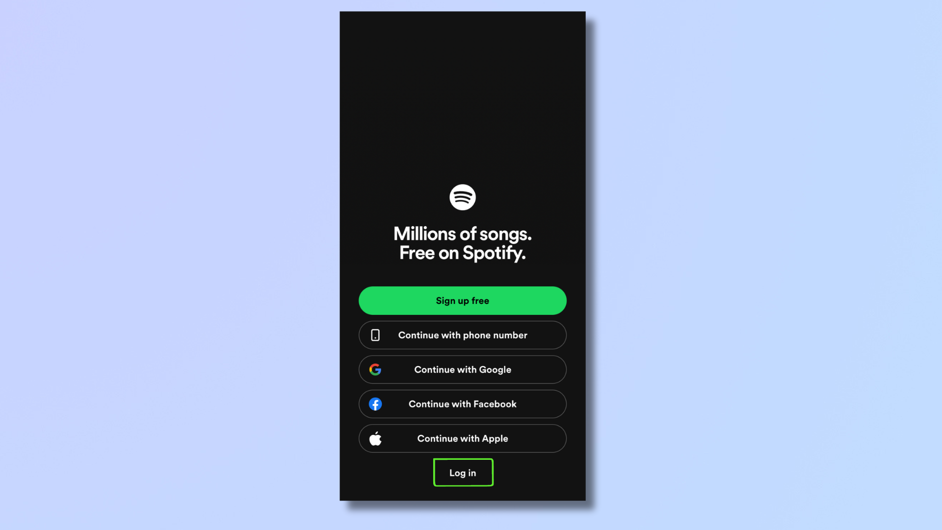 لقطة شاشة لتطبيق Spotify مع مربع يسلط الضوء على تسجيل الدخول. 