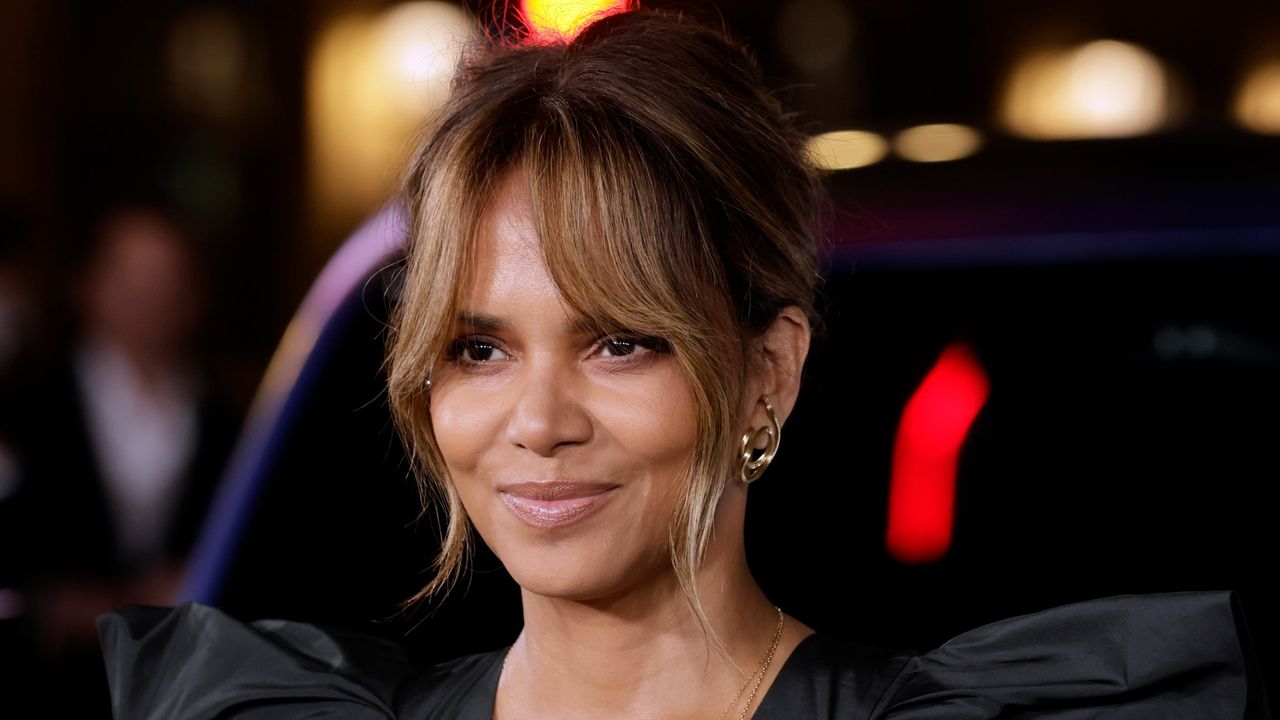 Halle Berry on red carpet with curtain bangs