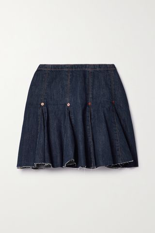 Flounce Pleated Frayed Denim Mini Skirt