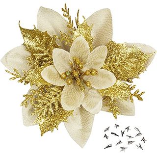 Sawowkuya 15 Pcs Gold Poinsettia Artificial Flowers Glitter Artificial Christmas Flowers Decorations With Clips for Xmas Tree Ornaments Wedding Party Wreath Decor