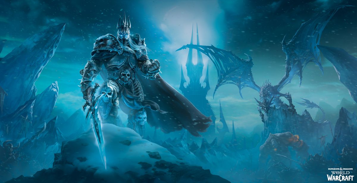 Arthas and an ice dragon on a snowy background