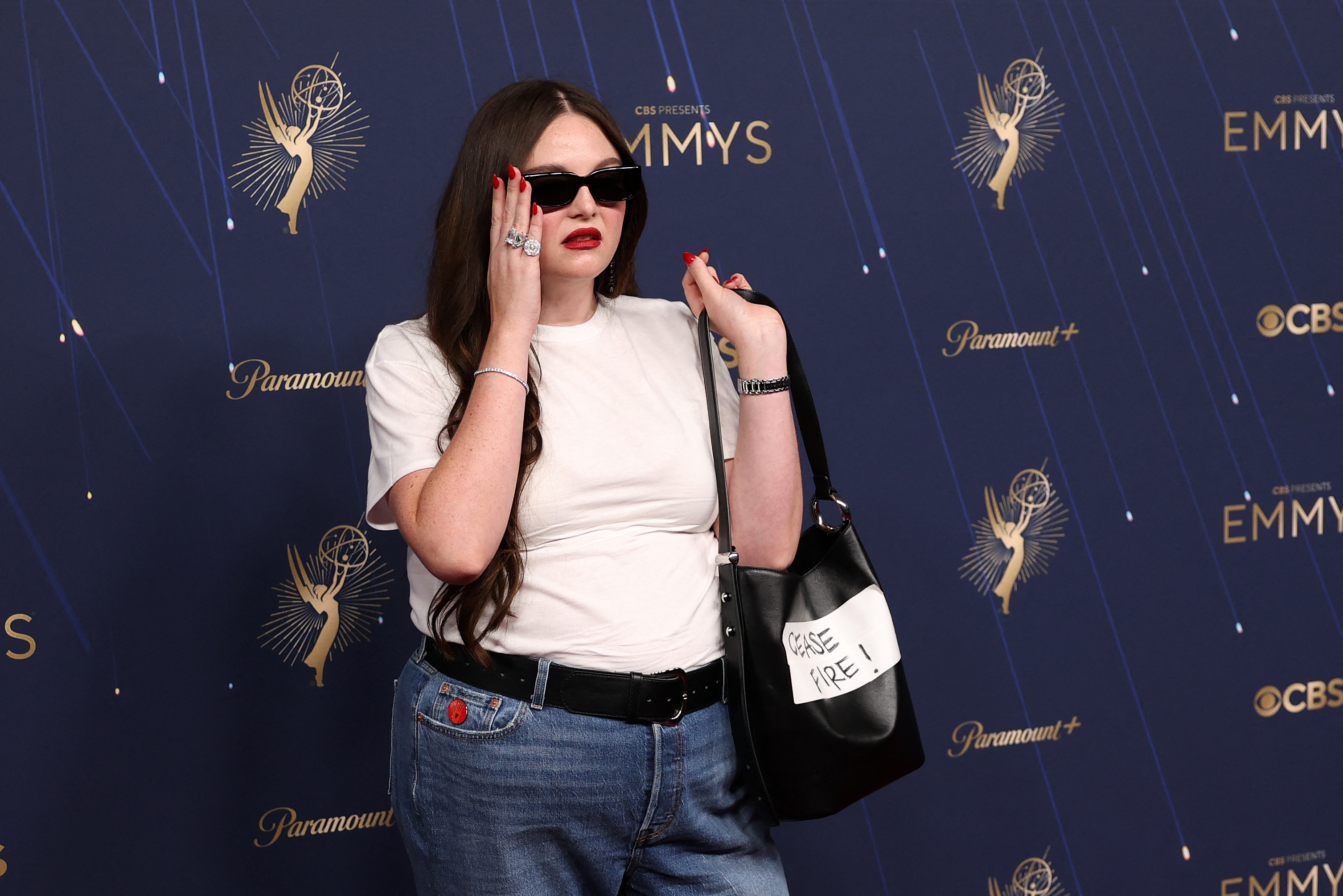 US actress Megan Stalter arrives for the 77th Primetime Emmy Awards at the Peacock Theatre at LA Live in Los Angeles on September 14, 2025.