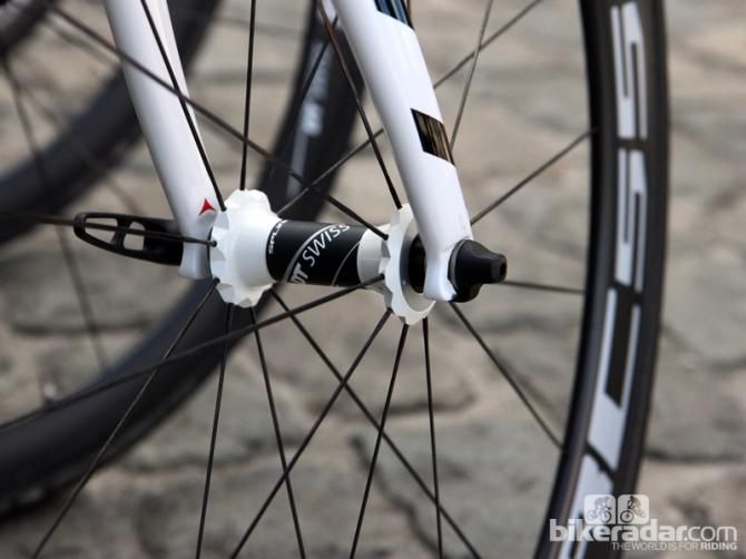 The distinctive hub shell design on IAM Cycling's DT Swiss Spline wheels