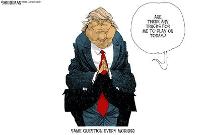 Political cartoon U.S. Trump distractions truck Made in America Week