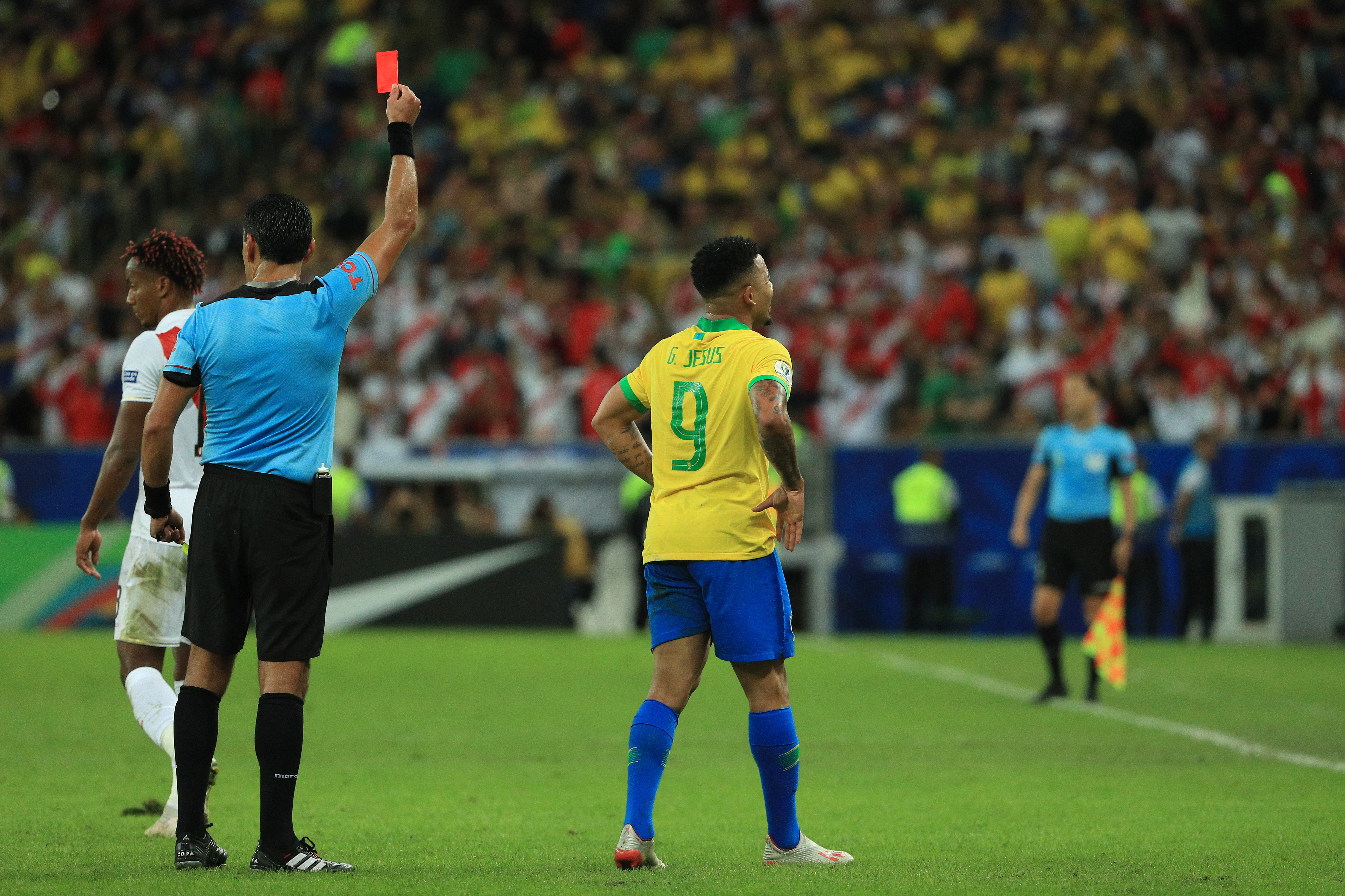 Brazil's Gabriel Jesus is sent off in the 2019 Copa America final against Peru.