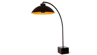 large floorstanding patio heater in the shape of a curved floor lamp