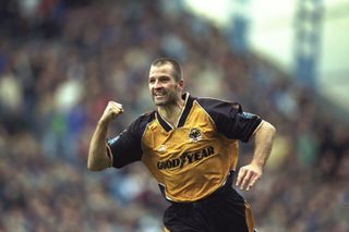 Steve Bull celebrates after scoring for Wolves against Manchester City in 1996.