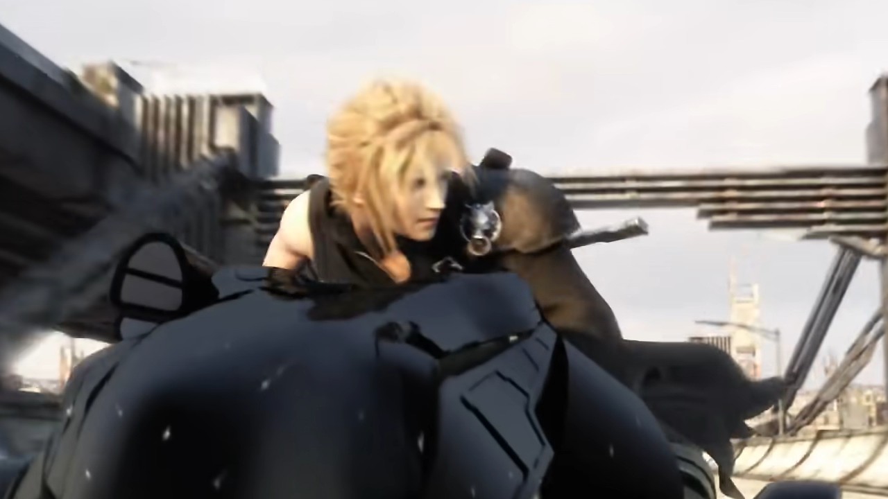 Cloud riding a motorcycle in Final Fantasy VII Advent Children
