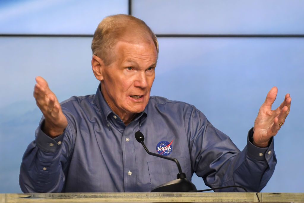 NASA Administrator Bill Nelson speaks at a press briefing at NASA&#039;s Kennedy Space Center in Florida, in July 2021.