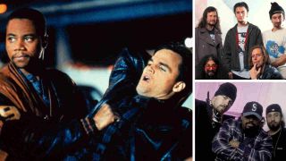 A scene from the movie Judgment Night with insets of Faith No More and Cypress Hill