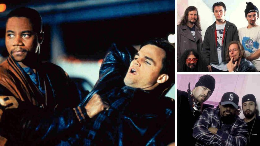 A scene from the movie Judgment Night with insets of Faith No More and Cypress Hill