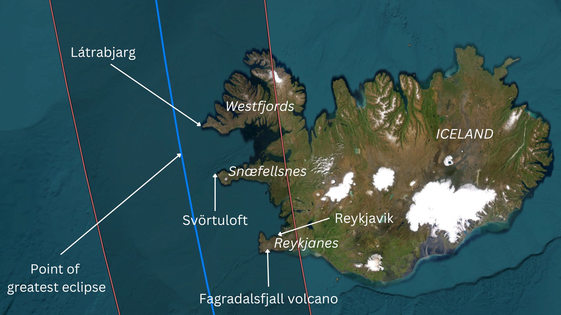 a map of iceland and the path of the total solar eclipse.