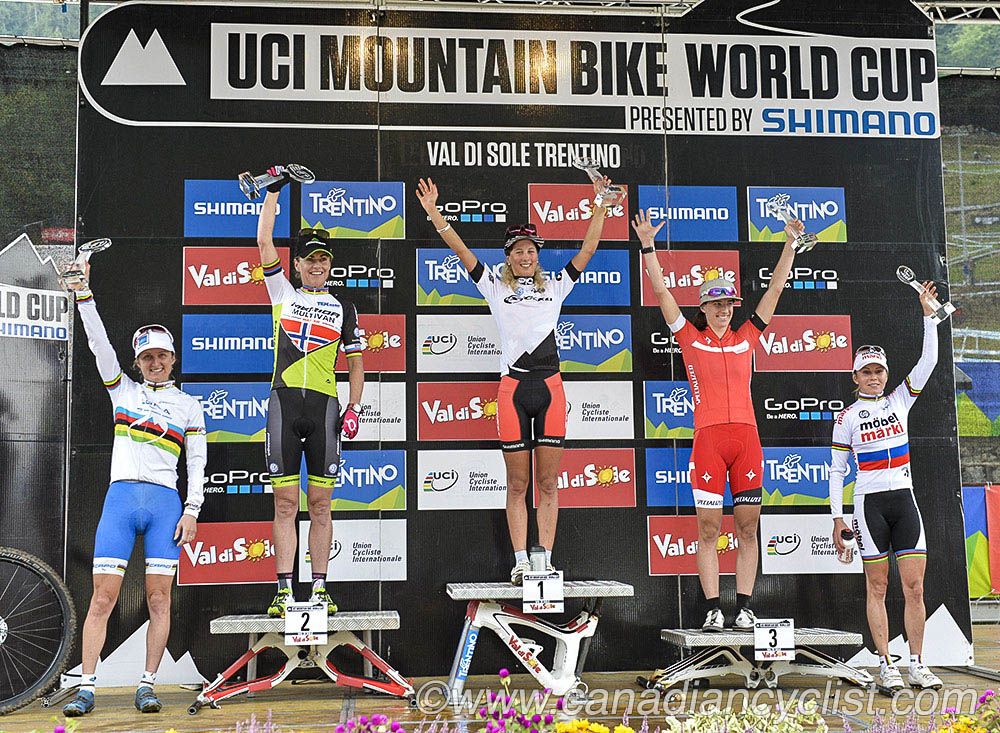 Final World Cup overall: Catharine Pendrel, Gunn-Rita Dahle Flesjaa, Jolanda Neff, Lea Davison, Irina Kalentyeva