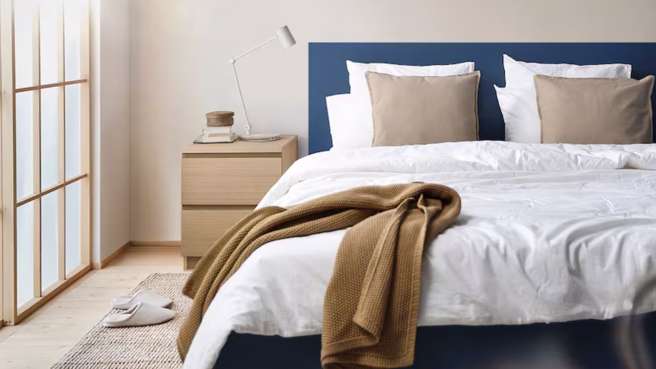 A bedroom with cream walls and a blue bed frame