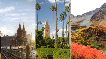 A composite image of the best places to visit in October, featuring Berlin, Morocco and Japan