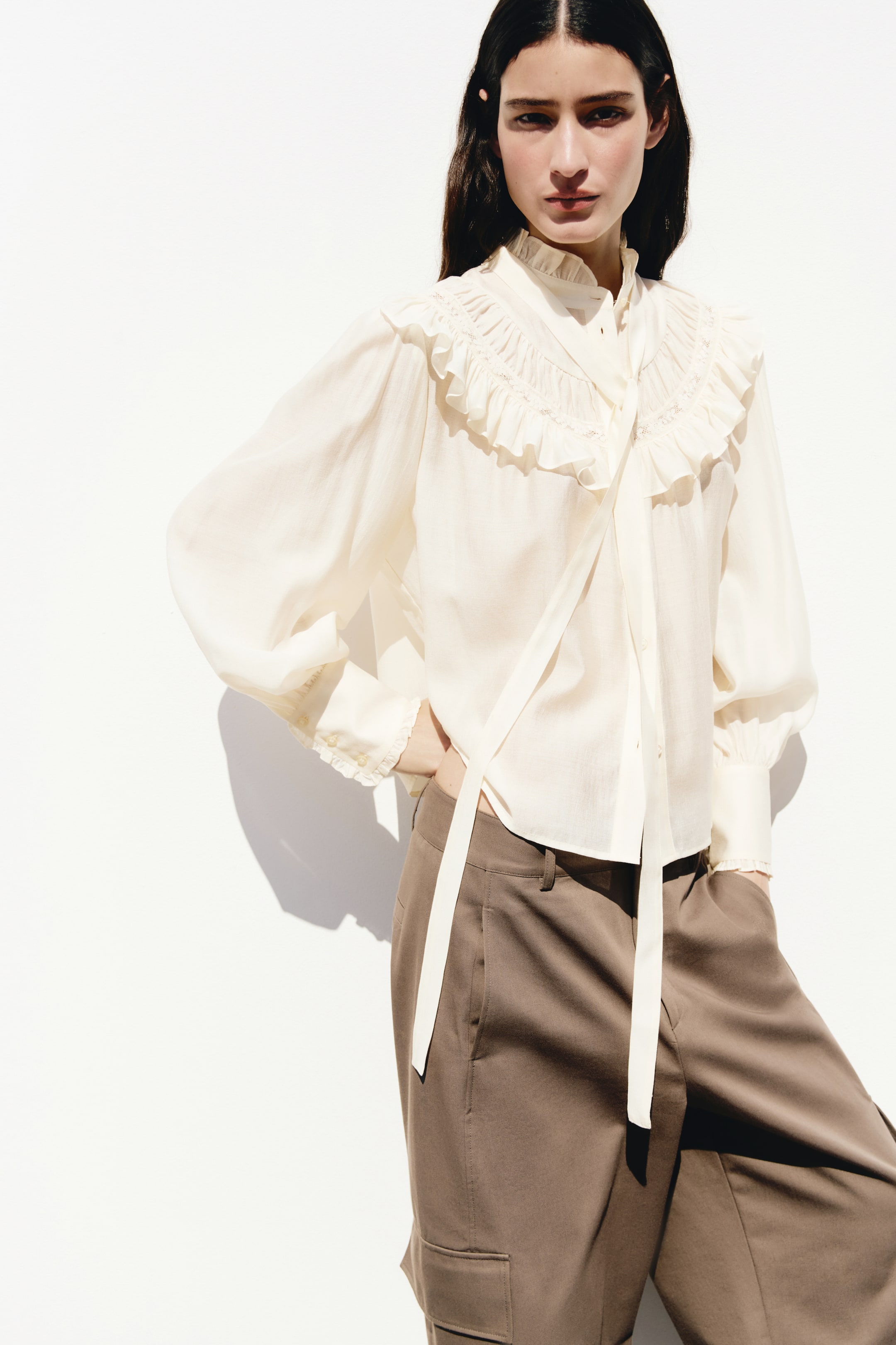 Frill-Trimmed Tie-Neck Blouse