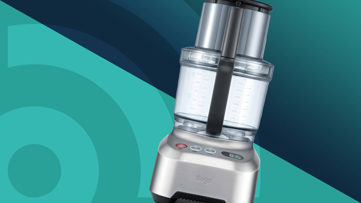 Sage the Kitchen Wizz 15 Pro food processor on teal background