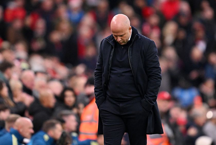LIVERPOOL, ENGLAND - NOVEMBER 22: Arne Slot, Manager of Liverpool, looks dejected following defeat in the Premier League match between Liverpool and Nottingham Forest at Anfield on November 22, 2025 in Liverpool, England. (Photo by Liverpool FC/Liverpool FC via Getty Images)