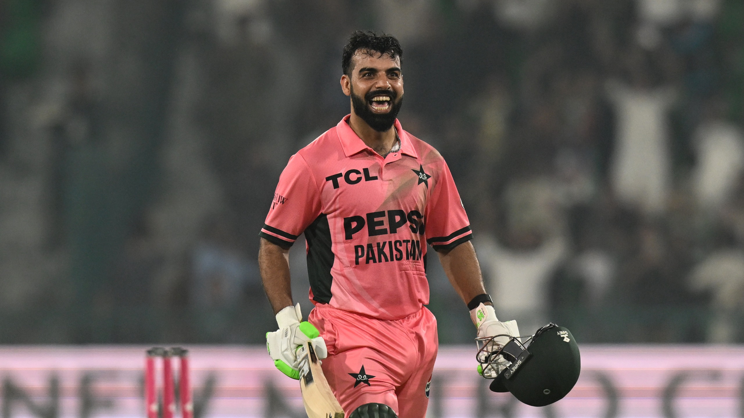 Shadab Khan of Pakistan celebrates team victory following the game four of the One Day International Tri-Series between Pakistan and England