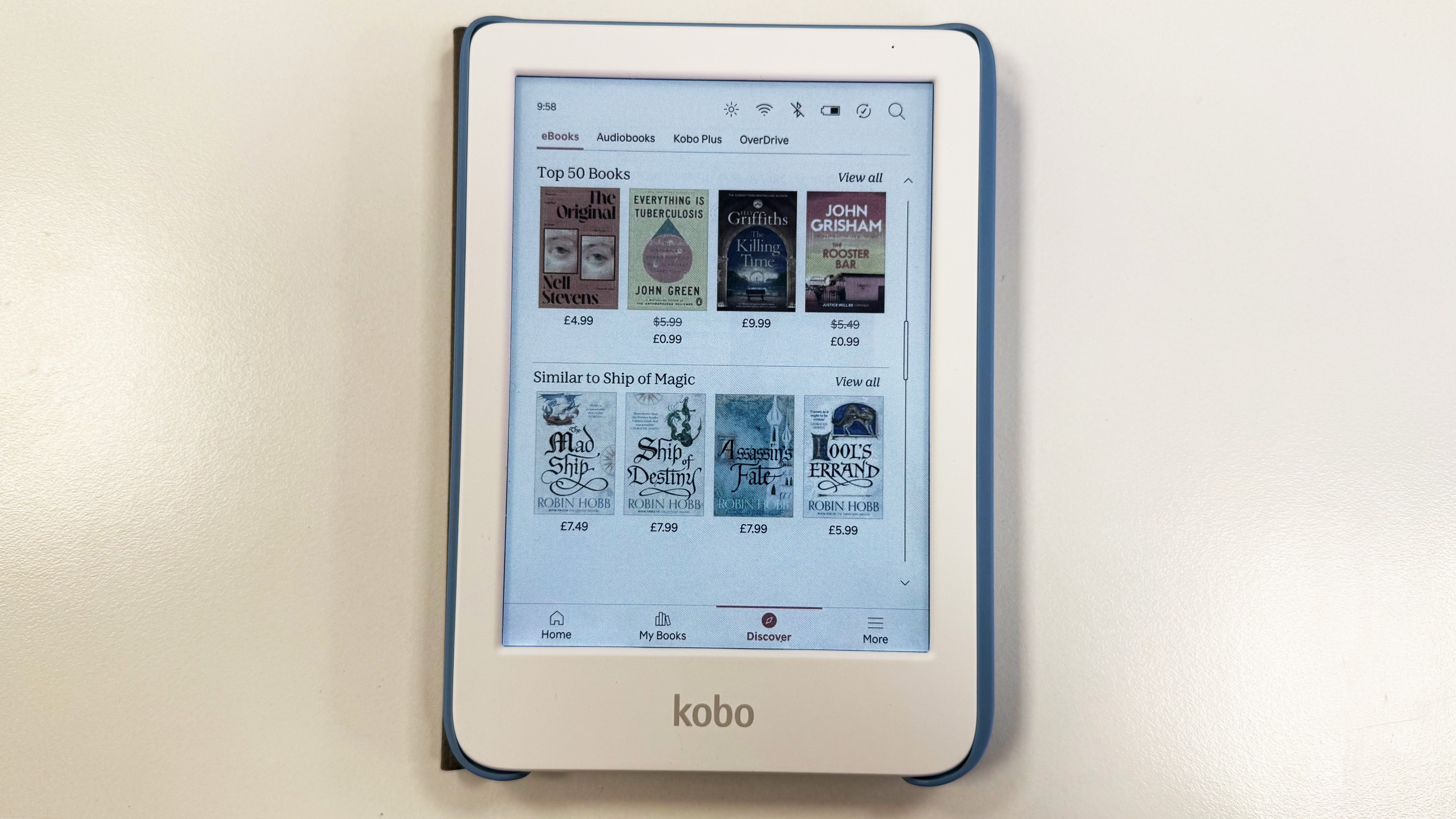 a photo of the kobo clara colour showing the e-ink e-reader screen