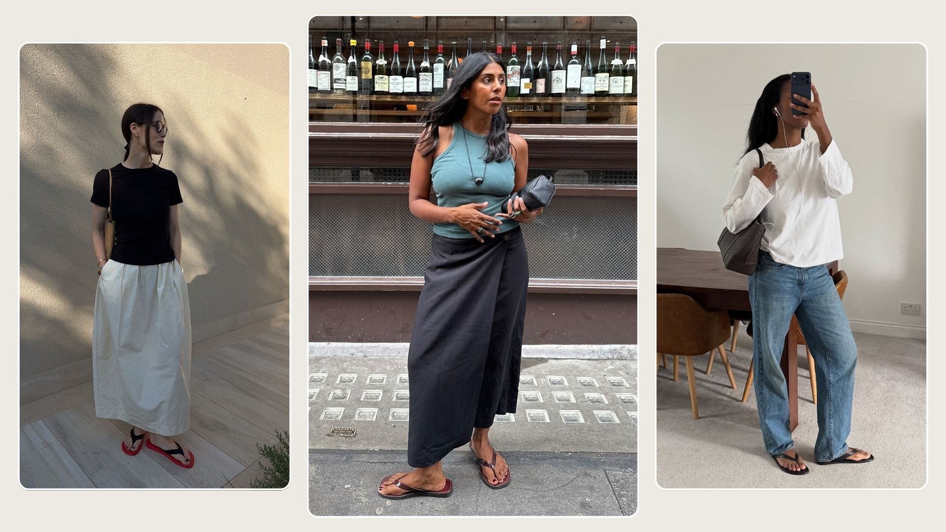 Three women wear The Row flip-flops